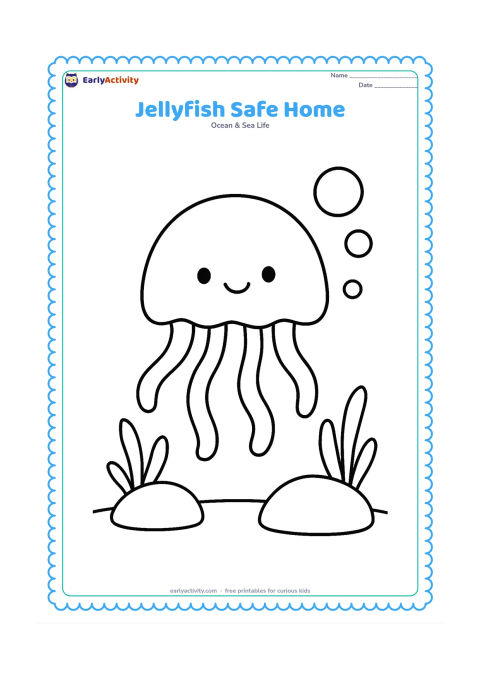 Colouring page: Draw one large jellyfish floating peacefully inside a wide open area between two rounded rocks and two simple sea plants. Add five short tentacles and three large bubbles.