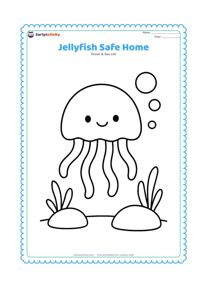 Colouring page: Draw one large jellyfish floating peacefully inside a wide open area between two rounded rocks and two simple sea plants. Add five short tentacles and three large bubbles.