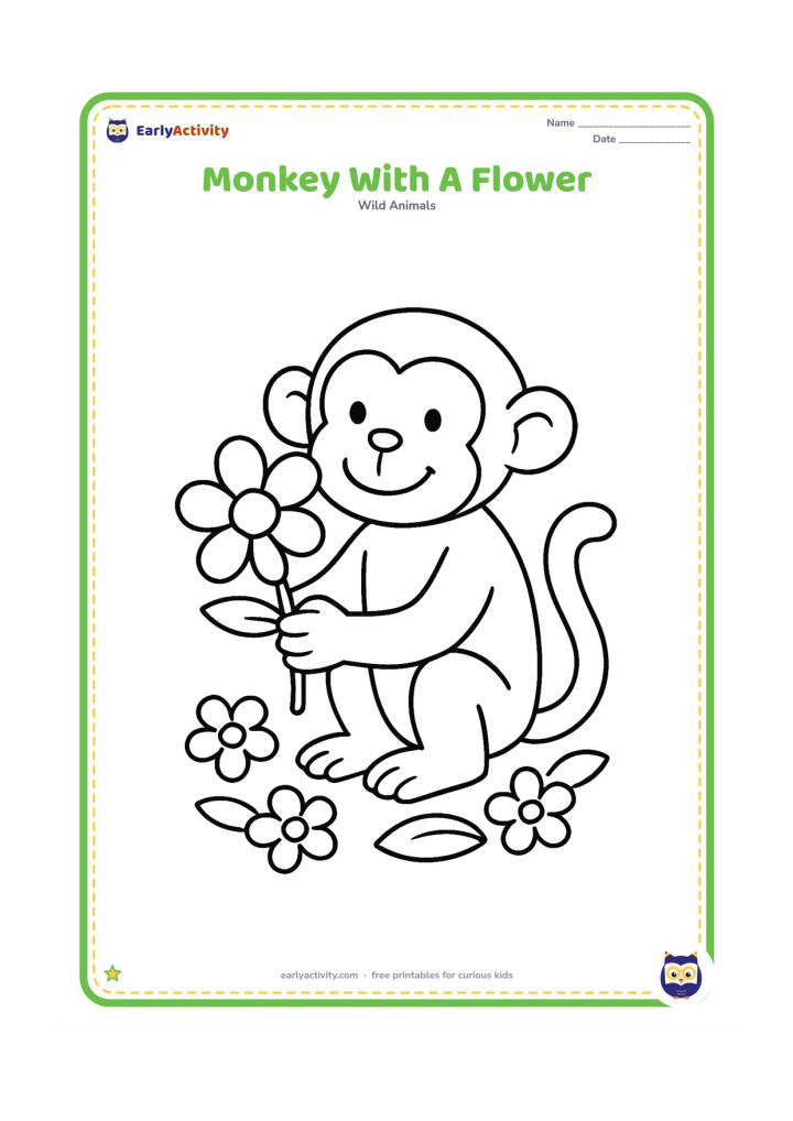 Colouring page: Draw one seated monkey holding a large flower in both hands. Add three simple flowers and broad leaves on the ground nearby.