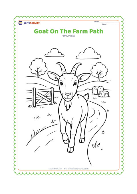 Colouring page: Draw a goat walking toward the viewer along a winding farm path, with its two cloven front hooves visible, ears spread, horns, beard, and a curious expression. Add a wooden gate, trees,…