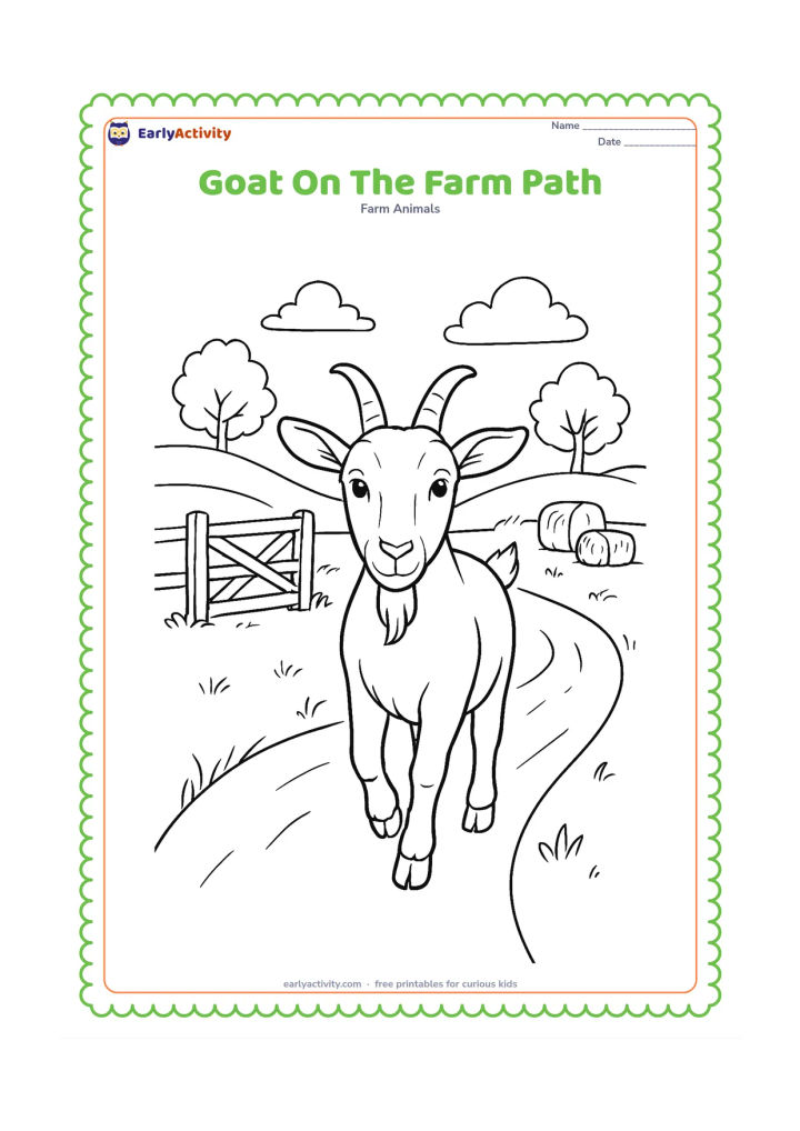 Colouring page: Draw a goat walking toward the viewer along a winding farm path, with its two cloven front hooves visible, ears spread, horns, beard, and a curious expression. Add a wooden gate, trees,…