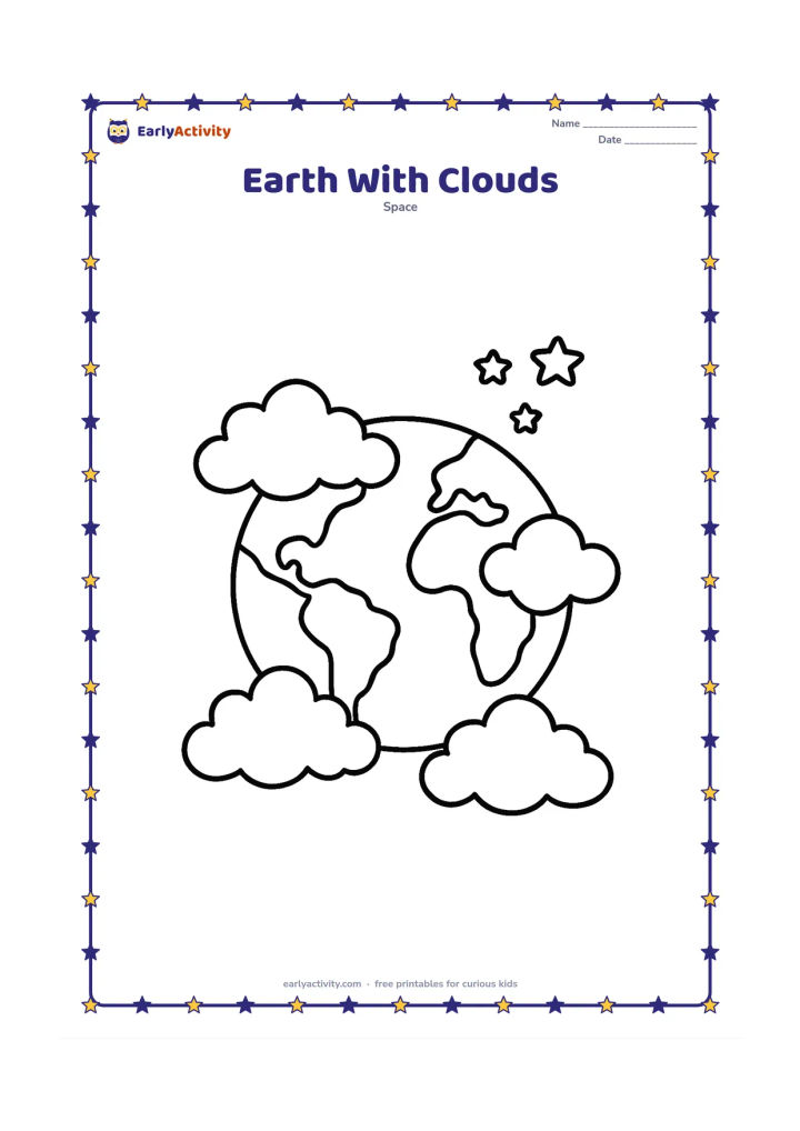 Colouring page: A centered Earth covered by four large rounded clouds, with simple ocean and continent shapes visible between them. Add a small cluster of stars behind the planet.