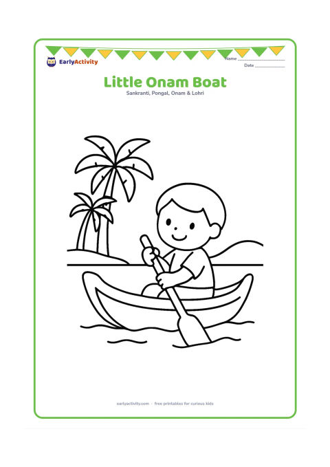 Colouring page: Draw a child sitting in a small traditional Kerala boat on calm water, holding one paddle. Add two coconut trees and a simple shoreline in the background.