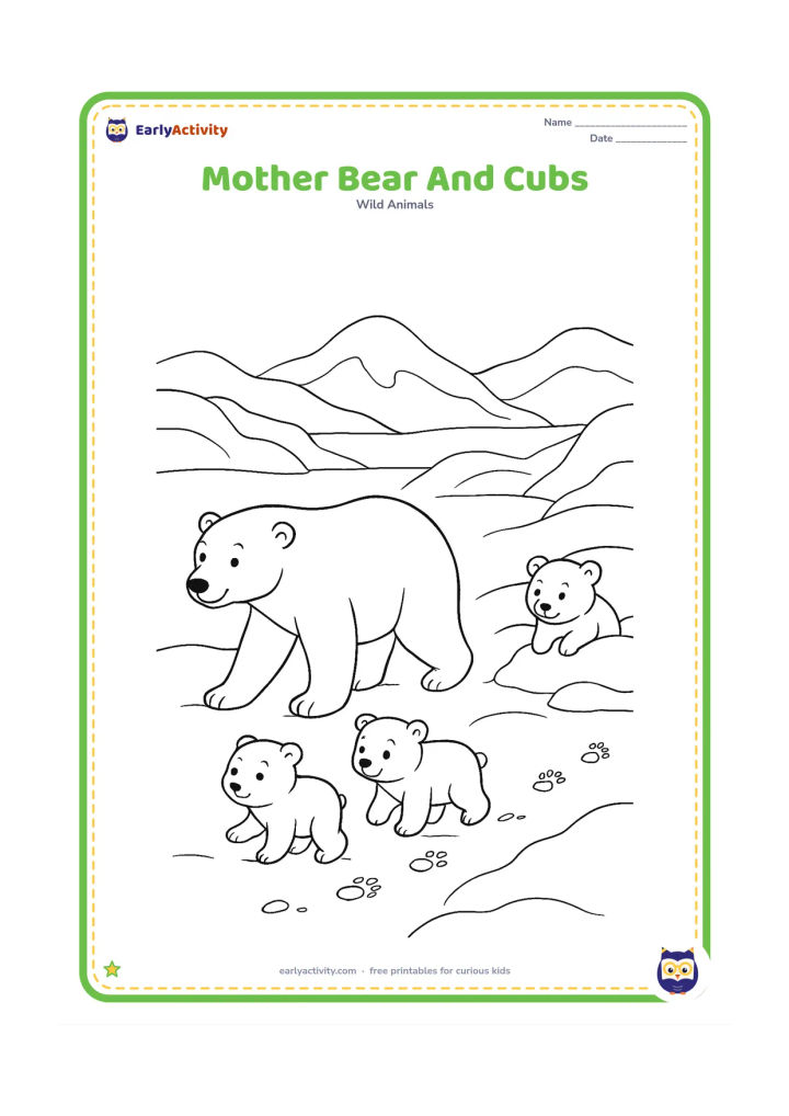 Colouring page: A mother polar bear walks along a snowy ridge with two cubs following behind, while a third cub peeks from beside a rounded snowbank; include layered ice hills and pawprints.