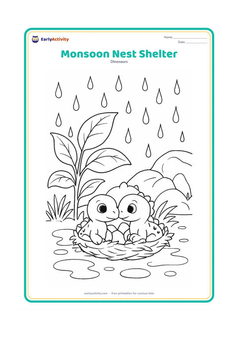 Colouring page: Draw two hatchlings tucked beside a leafy prehistoric plant while broad raindrops fall around their nest. Add puddles, large leaves and a low rocky shelter in the background.