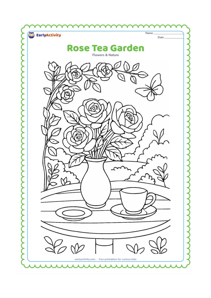 Colouring page: Draw a garden table with a vase of roses, a plain teacup, a small plate, and an open garden view beyond, including climbing roses, leaves, and a butterfly.