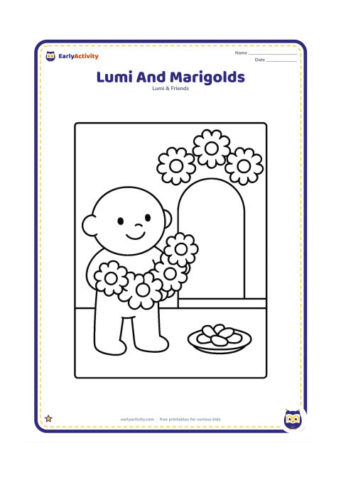 Colouring page: Lumi carries a large garland of marigold flowers while standing beside a simple doorway decorated with three big flower clusters. Add a small plate of petals on the ground.
