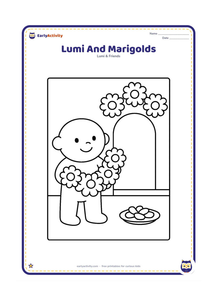 Colouring page: Lumi carries a large garland of marigold flowers while standing beside a simple doorway decorated with three big flower clusters. Add a small plate of petals on the ground.