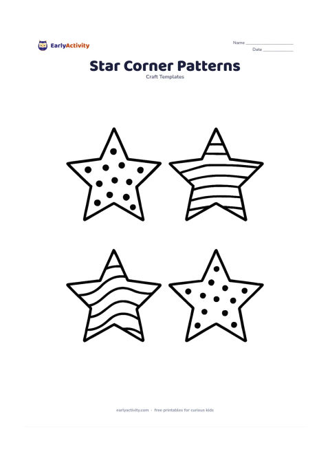 Worksheet: Show four separate medium star templates, each containing a different simple interior pattern: dots, stripes, curved bands and small circles. Keep all patterns inside the cutting…
