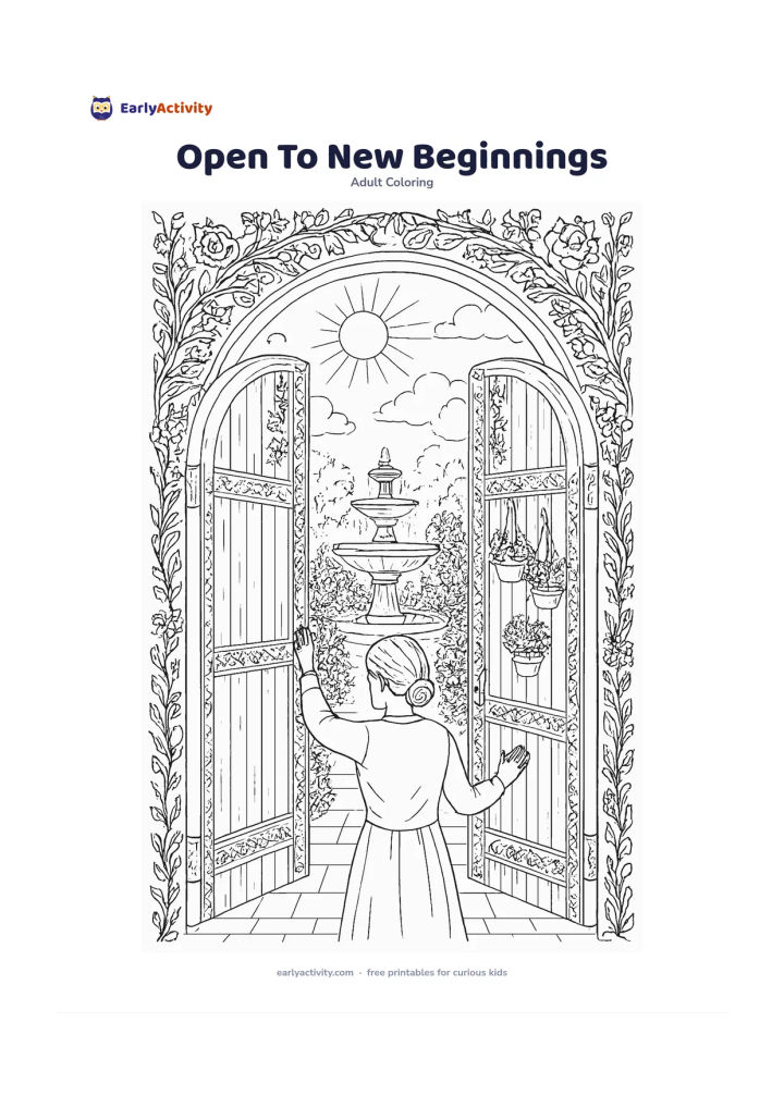 Colouring page: A person opens large wooden garden gates to reveal a bright courtyard filled with flowering plants, a fountain, hanging pots and a fresh morning sky. Decorate the gate edges with vines…