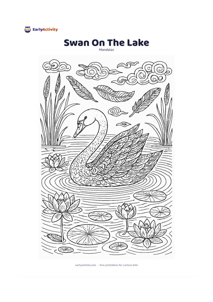 Colouring page: Place a graceful swan gliding across the centre of a calm lake, its curved neck forming an inner arc. Surround it with repeated water ripples, lotus blooms, reeds, lily pads, feathers,…