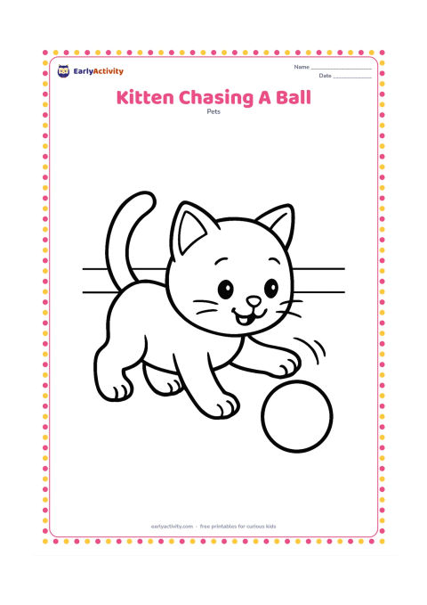 Colouring page: A playful kitten reaches toward one large round ball on the floor, with its back legs and tail clearly visible. Add two simple motion curves and a plain indoor background.