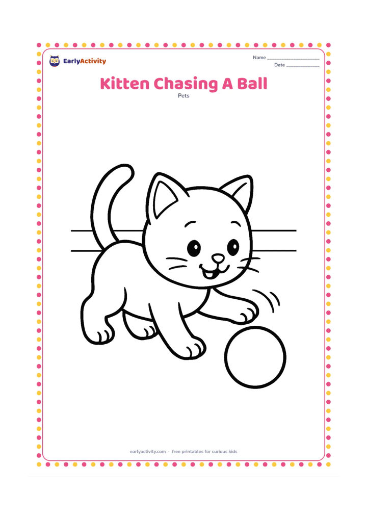 Colouring page: A playful kitten reaches toward one large round ball on the floor, with its back legs and tail clearly visible. Add two simple motion curves and a plain indoor background.