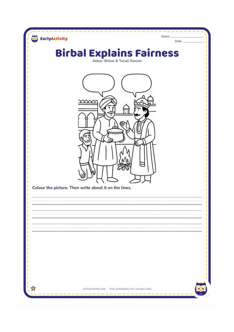 Printable: Show Birbal calmly presenting the raised cooking pot and distant fire to Akbar, with the palace courtyard arranged like a demonstration area. The poor man watches from one side.