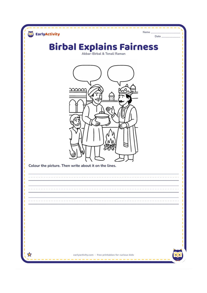 Printable: Show Birbal calmly presenting the raised cooking pot and distant fire to Akbar, with the palace courtyard arranged like a demonstration area. The poor man watches from one side.