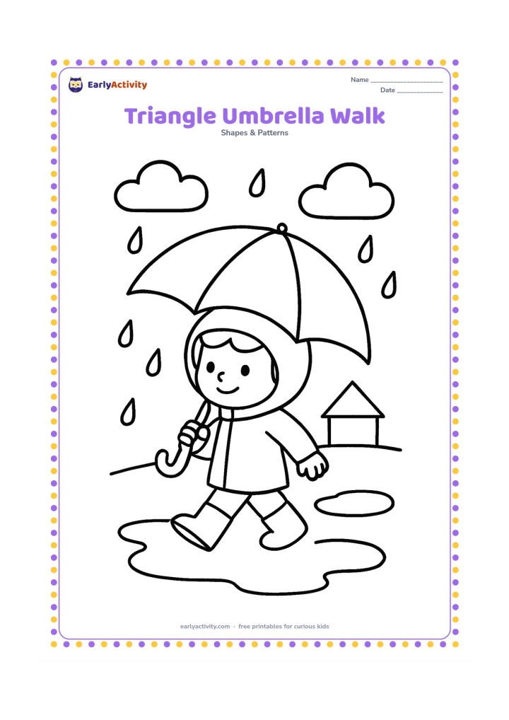 Colouring page: A child walks in light rain holding an umbrella divided into three large triangular panels. Add puddles, a raincoat, two clouds, and a small triangular roof in the background.