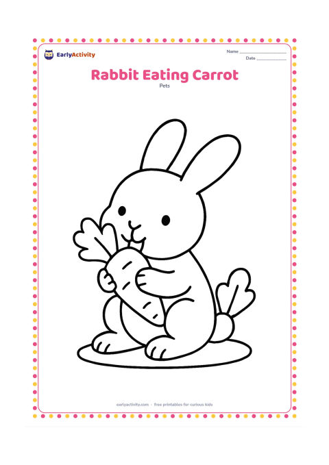 Colouring page: A seated rabbit holds a large carrot between its front paws and nibbles the top. Add one broad leaf and a small patch of ground beside it.
