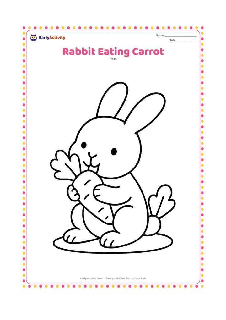 Colouring page: A seated rabbit holds a large carrot between its front paws and nibbles the top. Add one broad leaf and a small patch of ground beside it.