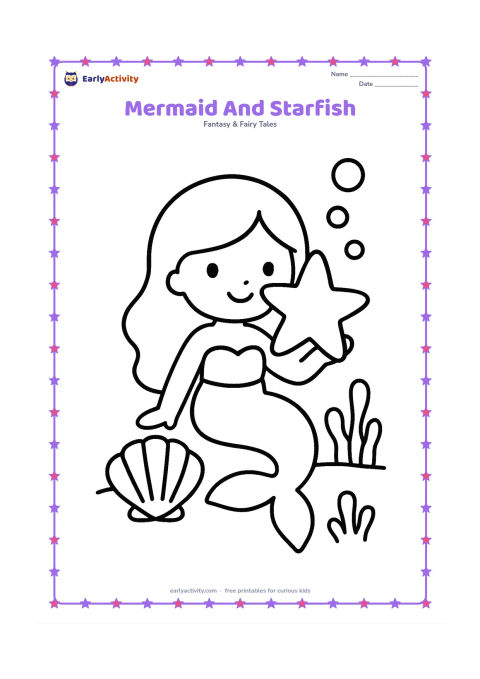 Colouring page: A seated mermaid holds a large starfish beside her face. Include one big shell, three simple bubbles and short, chunky sea plants on the ocean floor.