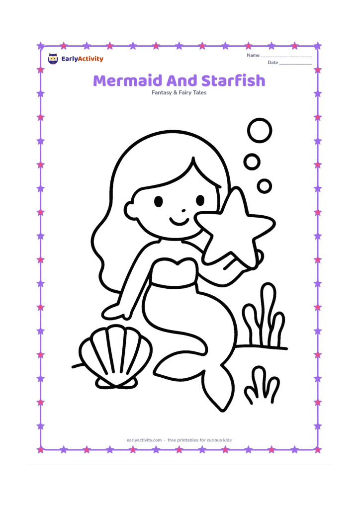 Colouring page: A seated mermaid holds a large starfish beside her face. Include one big shell, three simple bubbles and short, chunky sea plants on the ocean floor.
