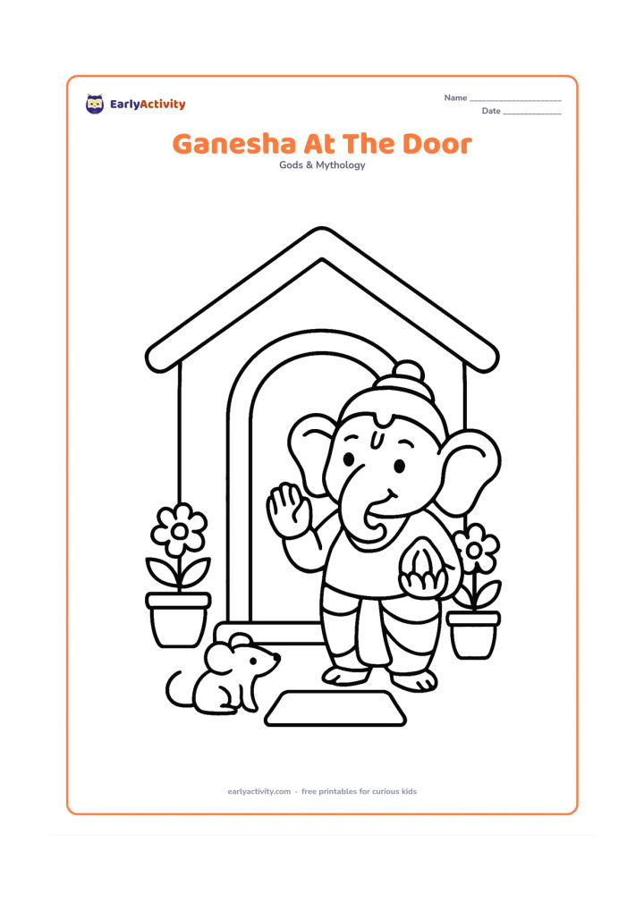 Colouring page: Lord Ganesha stands cheerfully beside a simple Indian home doorway, holding a modak and raising one hand in blessing. Add a small mouse, two flower pots and a plain doormat.