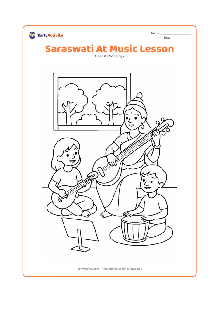 Colouring page: Saraswati guides two children during a music lesson, with one child holding a veena and the other seated beside a simple drum. Place a blank music stand, floor cushions, and a window…