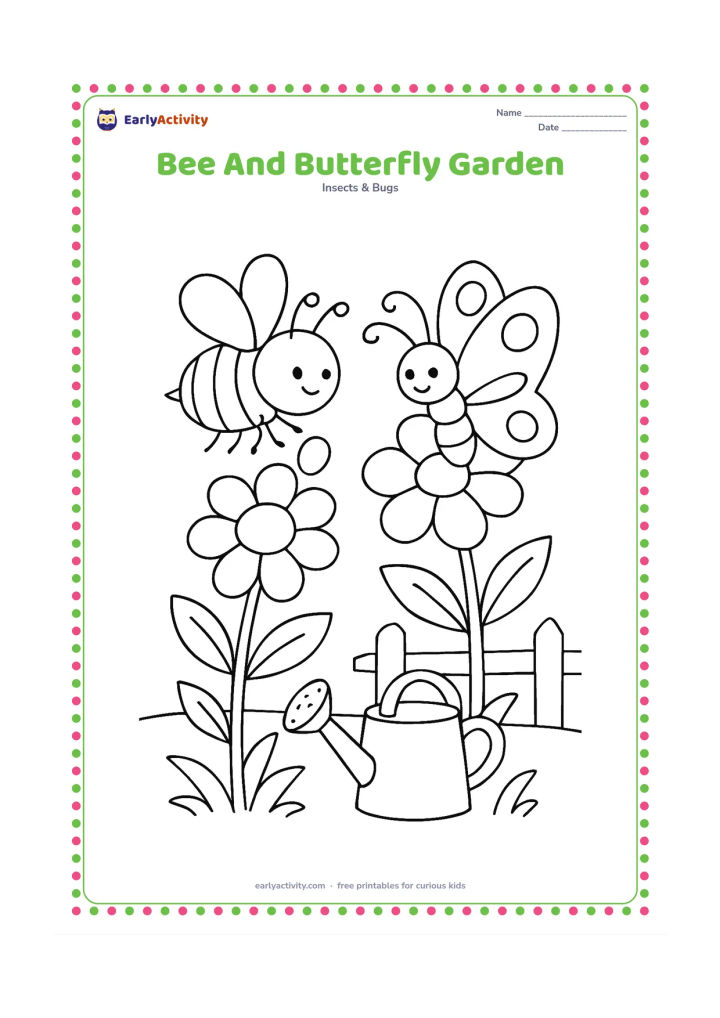 Colouring page: A bee and a butterfly visit separate flowers in a garden with stems, leaves, a small watering can and a low fence. Give each insect a distinct pose and enough space around it.