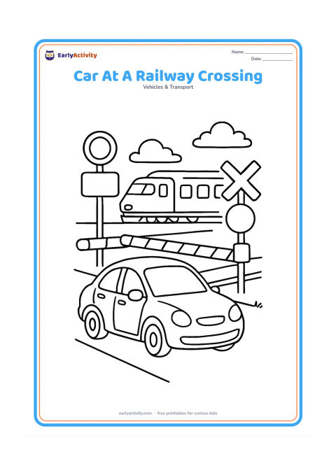 Colouring page: Draw a car stopped before a railway crossing, with lowered striped barrier arms, two simple signal posts, track lines and a distant train crossing behind it. Show the car in front…