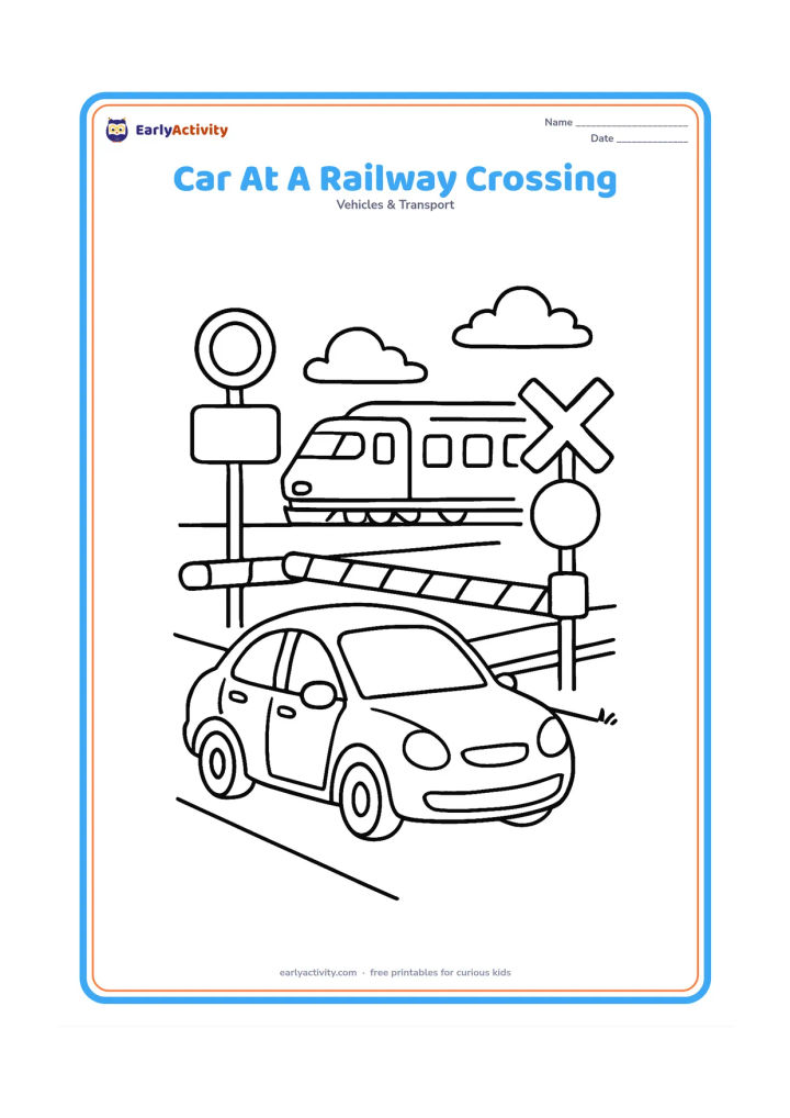 Colouring page: Draw a car stopped before a railway crossing, with lowered striped barrier arms, two simple signal posts, track lines and a distant train crossing behind it. Show the car in front…