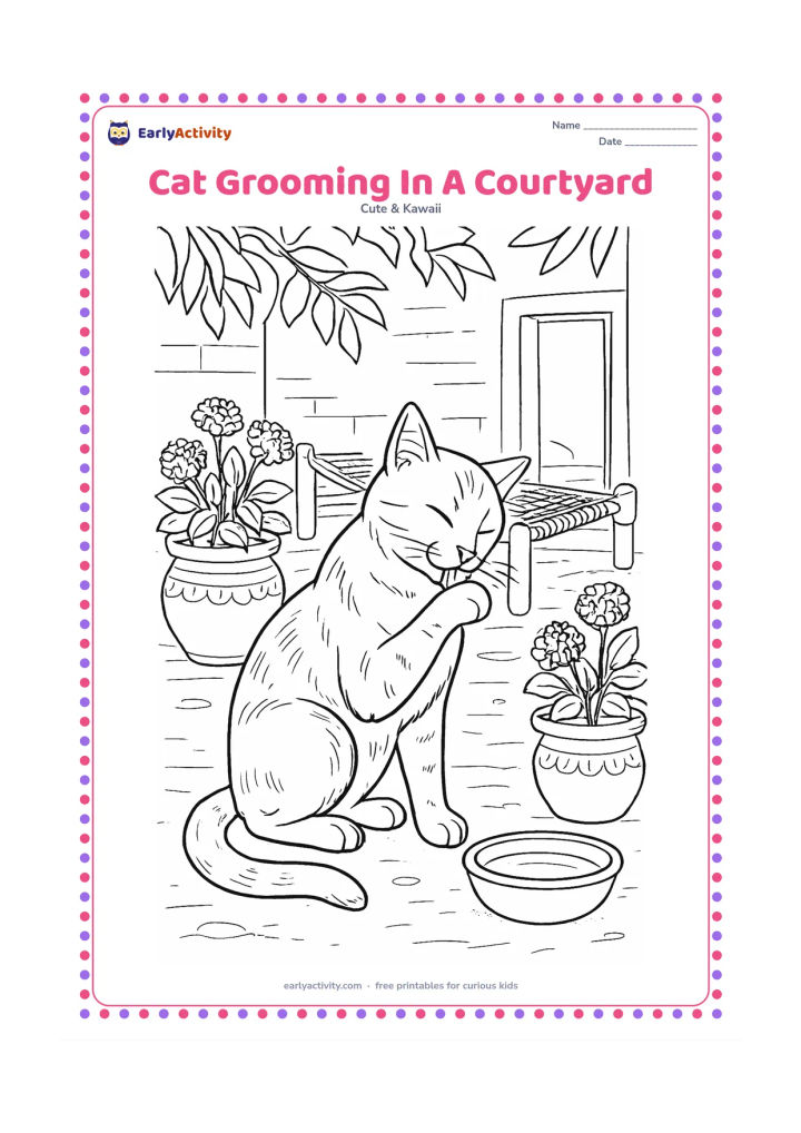 Colouring page: A cat sits grooming one raised paw in a sunny Indian courtyard. Surround it with marigold pots, a woven charpai, leafy shadows, a clay water bowl and a small open doorway.