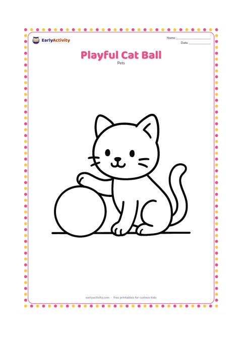 Colouring page: Draw a cat sitting and reaching one paw toward a large round toy ball. Include a short curved tail and one simple floor line.