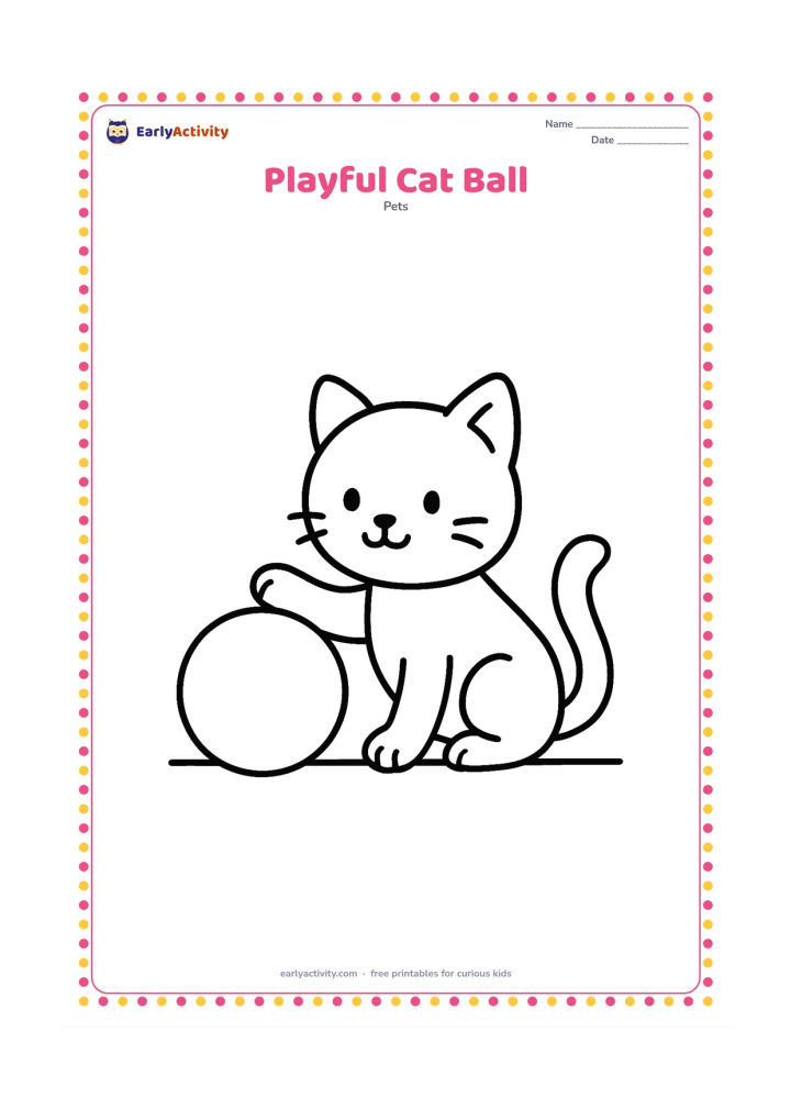Colouring page: Draw a cat sitting and reaching one paw toward a large round toy ball. Include a short curved tail and one simple floor line.
