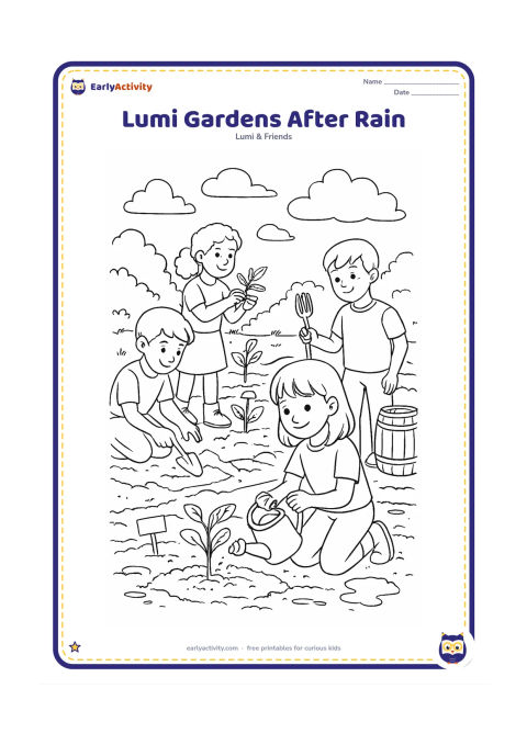 Colouring page: After a rain shower, Lumi and classmates tend a school garden with muddy paths, puddles, seedlings and a small rain barrel. One child loosens soil, another checks leaves and Lumi holds a…