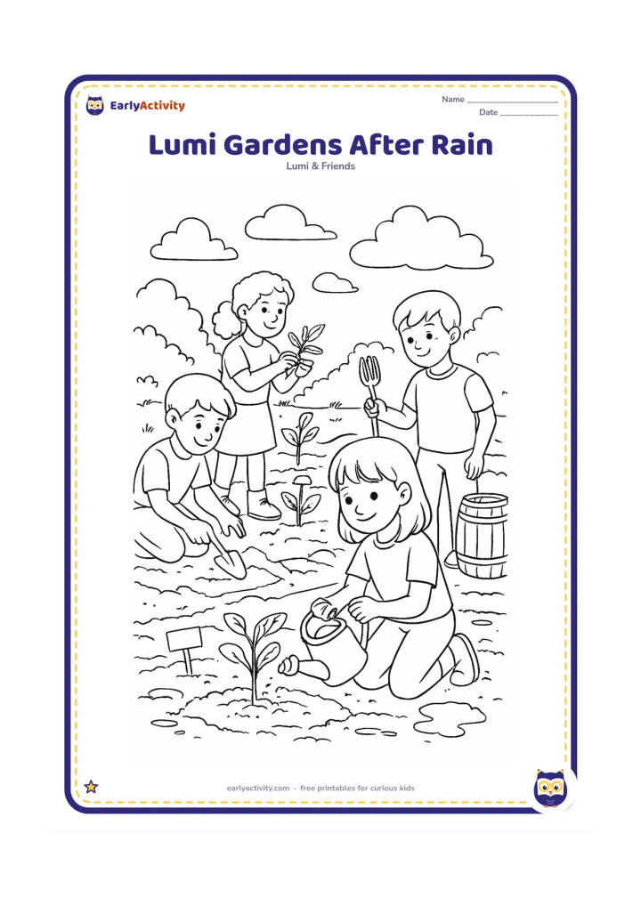 Colouring page: After a rain shower, Lumi and classmates tend a school garden with muddy paths, puddles, seedlings and a small rain barrel. One child loosens soil, another checks leaves and Lumi holds a…