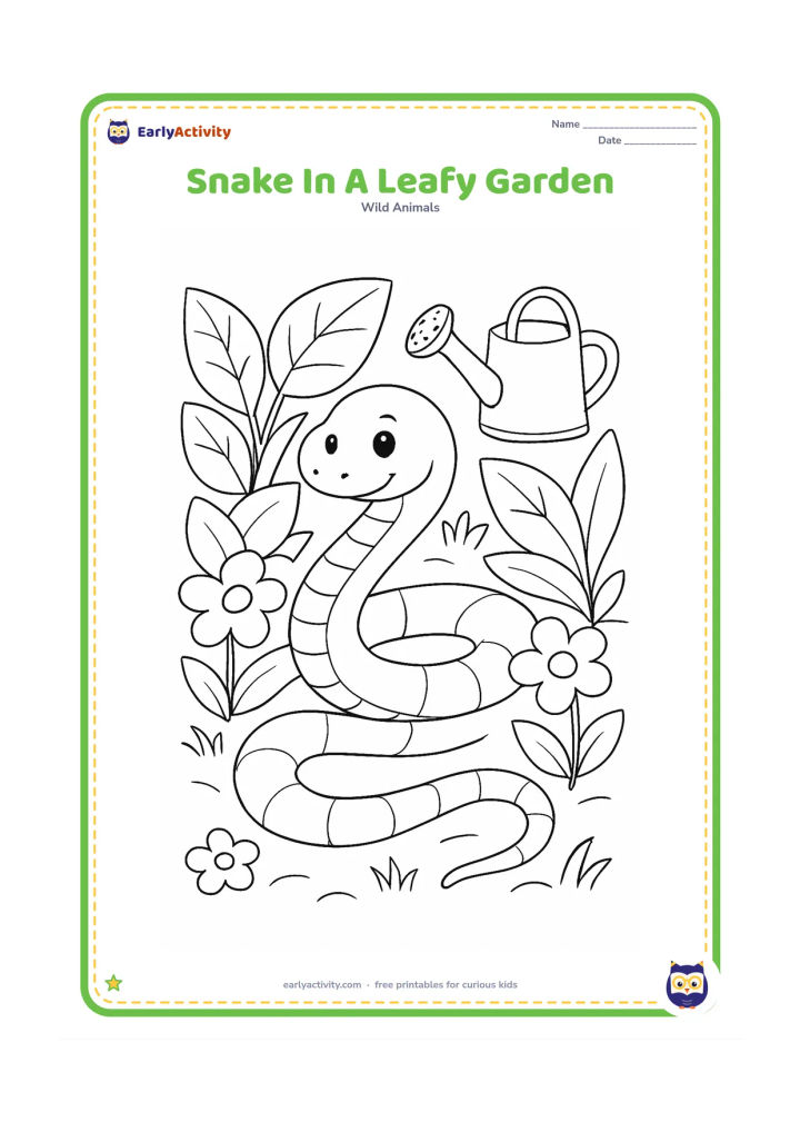 Colouring page: Draw a snake winding through a garden bed with large leaves, a watering can in the far background, and a few flowers. The snake should remain the largest subject.