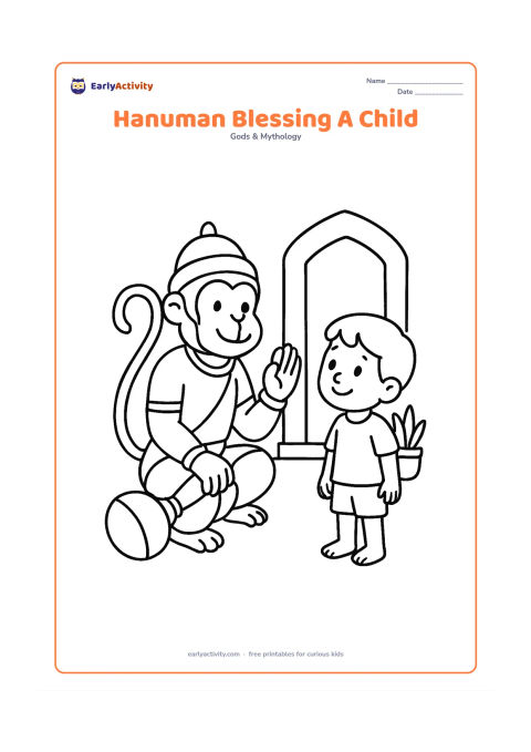 Colouring page: Hanuman gently raises one hand in blessing toward a smiling child standing beside him, while his gada rests on the ground. Add a simple Indian home doorway and one potted plant behind them.
