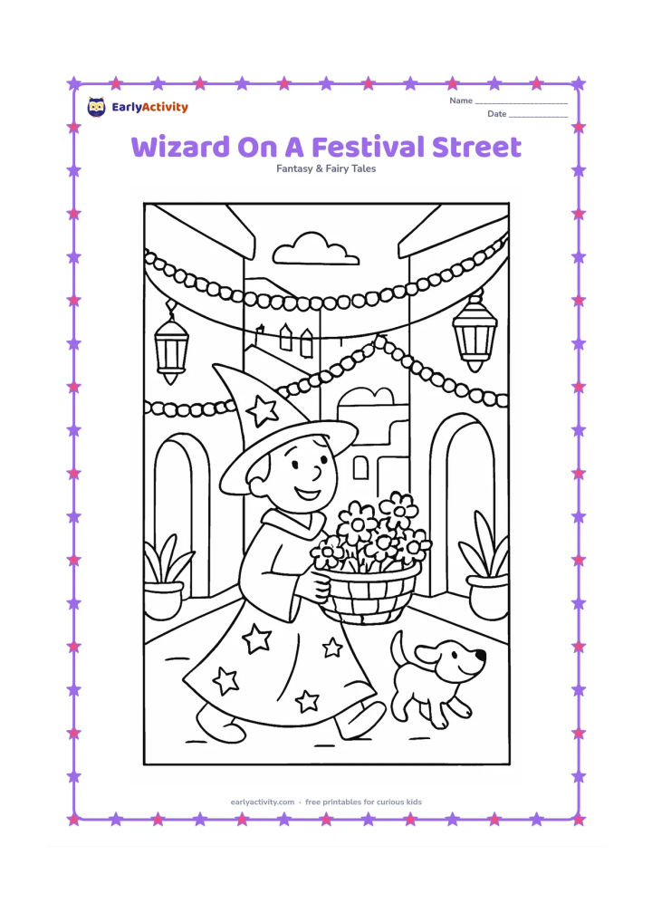 Colouring page: A smiling wizard walks through a lively Indian-inspired festival street carrying a basket of flowers, while neighbours hang plain garlands between buildings. Include broad doorways,…