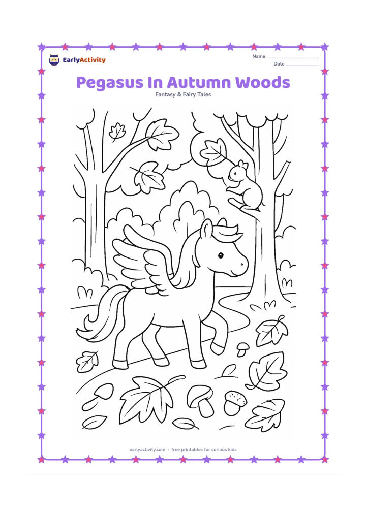 Colouring page: Show a pegasus walking through an autumn woodland scattered with large leaves, acorns and mushrooms. Add tall trees, a winding path and a squirrel sitting on a low branch.