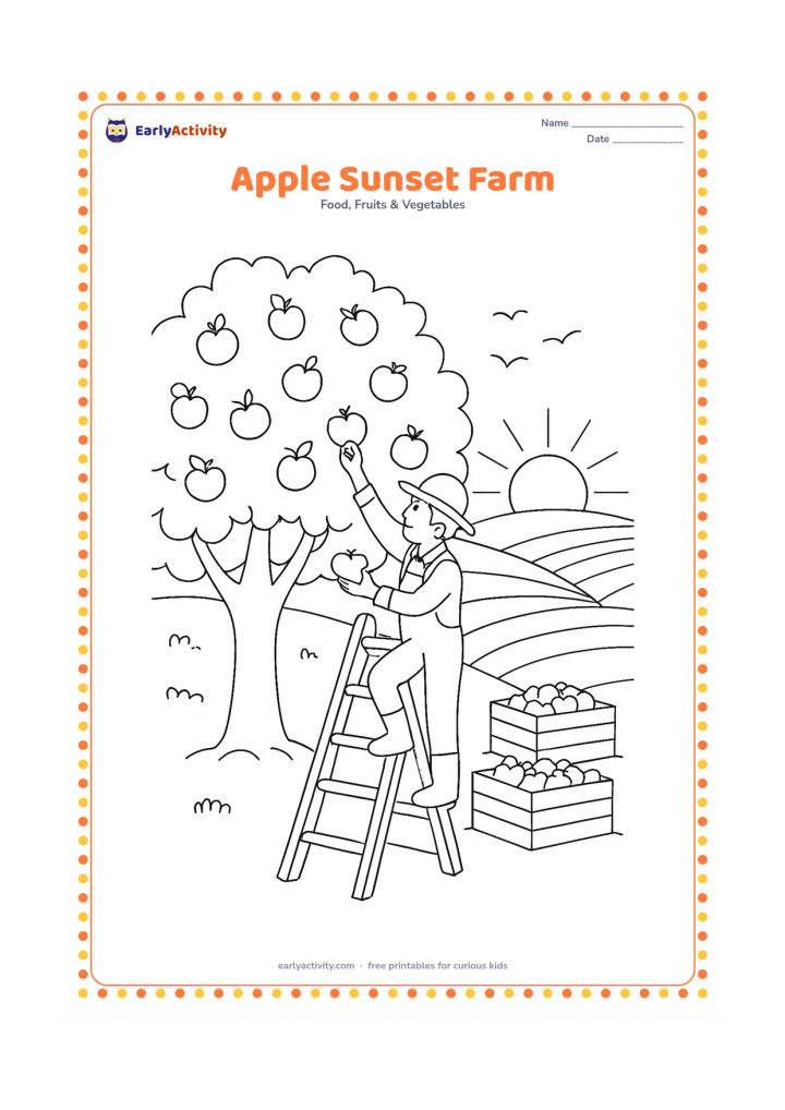 Colouring page: Draw an apple farm at sunset with a large foreground apple tree, a farmer on a ladder picking apples, stacked crates, distant fields and birds in the sky. Do not include labels on the…