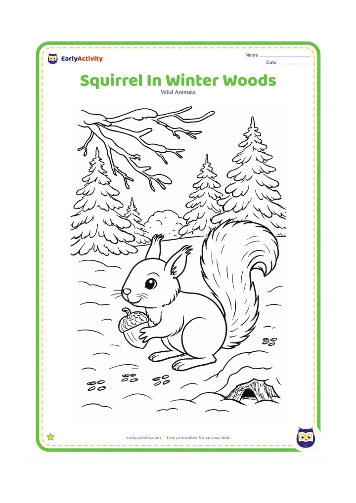 Colouring page: Draw a squirrel carrying a nut through a snowy woodland, with snow-covered branches, pine trees, animal tracks, and a small sheltered tree root.