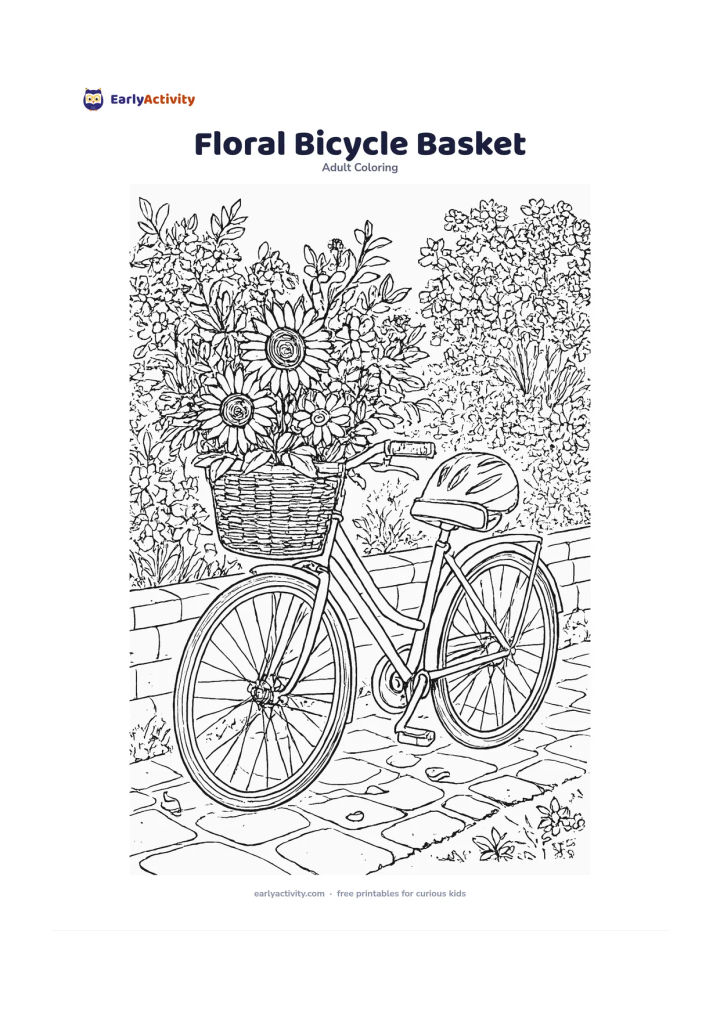Colouring page: Draw a parked bicycle with a front basket overflowing with sunflowers, daisies and leafy stems, beside a garden path lined with flowering shrubs. Add a helmet, a low stone wall and…