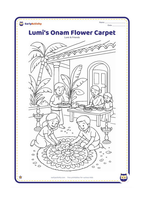 Colouring page: Lumi helps friends build a large detailed flower carpet on a Kerala veranda, placing petals around a central floral design. Add brass-style lamps, banana leaves, coconut palms, a doorway…