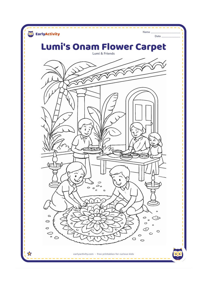Colouring page: Lumi helps friends build a large detailed flower carpet on a Kerala veranda, placing petals around a central floral design. Add brass-style lamps, banana leaves, coconut palms, a doorway…