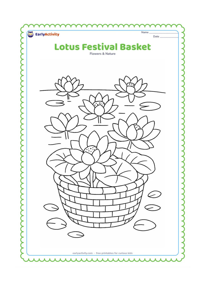 Colouring page: Draw a woven-looking but simple basket holding several lotus flowers and leaves, placed beside a pond with more blooms in the background. Add a few plain floating petals on the water.