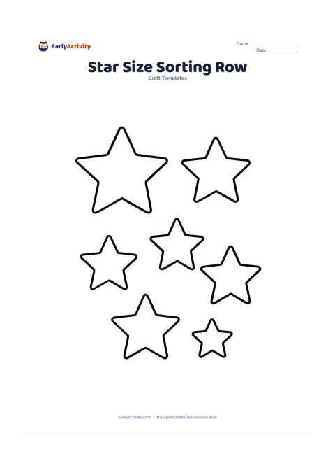 Worksheet: Place a row of six blank star templates in mixed sizes and mixed positions, with no connecting lines or labels. The stars should be separated clearly so children can cut them out and…