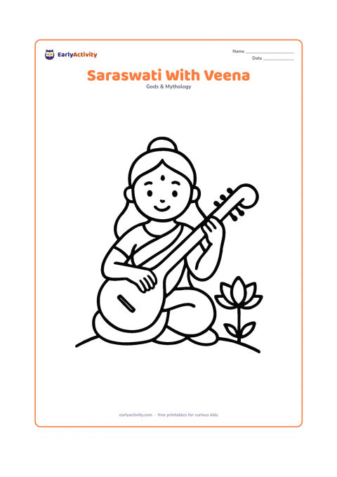 Colouring page: Saraswati sits cross-legged holding a veena across her lap, with one lotus beside her and a simple curved ground line beneath. Keep her pose centered with large open areas and no writing…