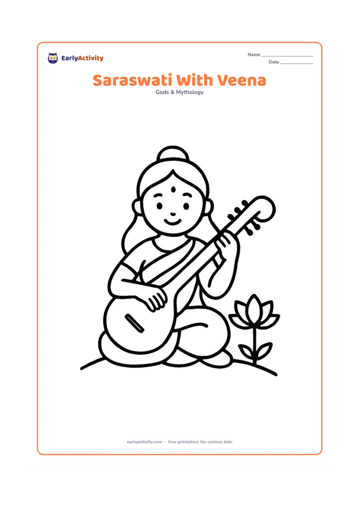 Colouring page: Saraswati sits cross-legged holding a veena across her lap, with one lotus beside her and a simple curved ground line beneath. Keep her pose centered with large open areas and no writing…