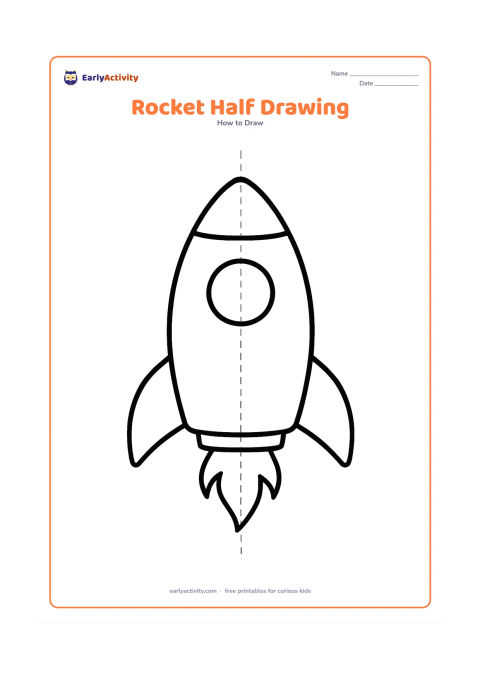 Worksheet: Show the complete left half of a front-facing rocket beside a matching empty right half divided by a light vertical centre guide. Include the nose, window, one fin and half of the flame,…
