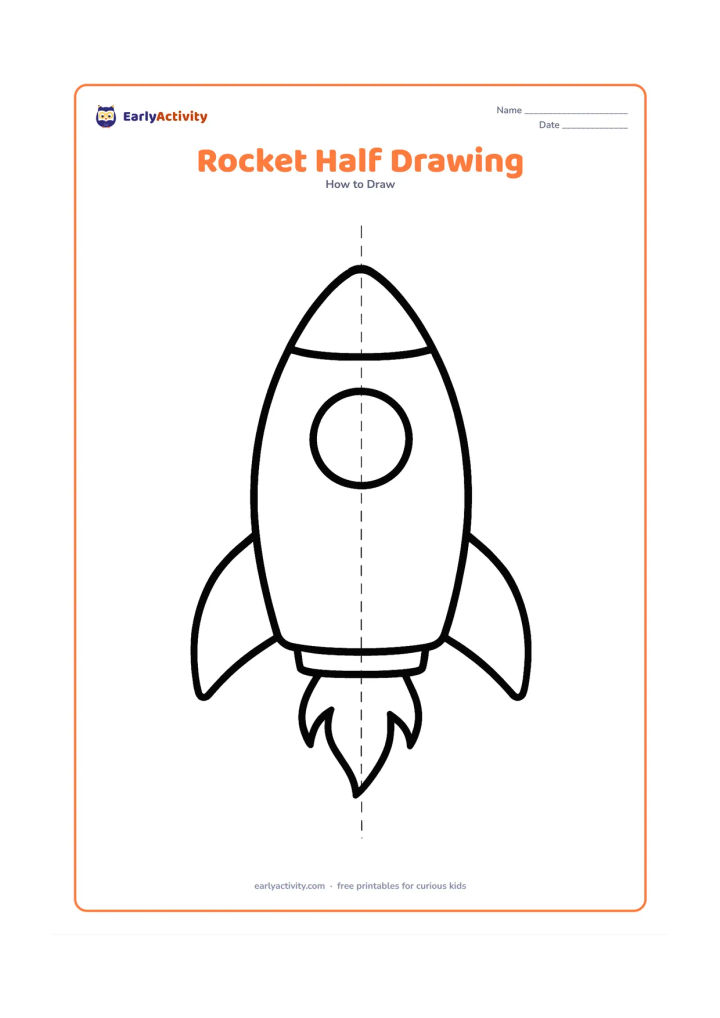 Worksheet: Show the complete left half of a front-facing rocket beside a matching empty right half divided by a light vertical centre guide. Include the nose, window, one fin and half of the flame,…