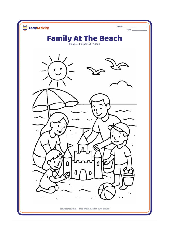 Colouring page: Show a family building a sandcastle together beside the sea, with one child carrying a bucket and another placing a shell. Add a sunshade, waves, a beach ball and seabirds.